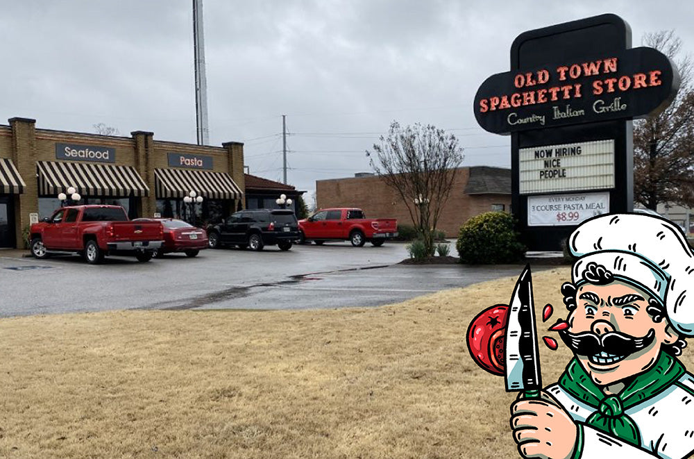 Foreground: the company logo of a cartoon illustration of a mustachioed chef slicing a tomato in midair.
Background: a photograph of the exterior and parking lot of the Old Town Spaghetti Store: Country Italian Grille.